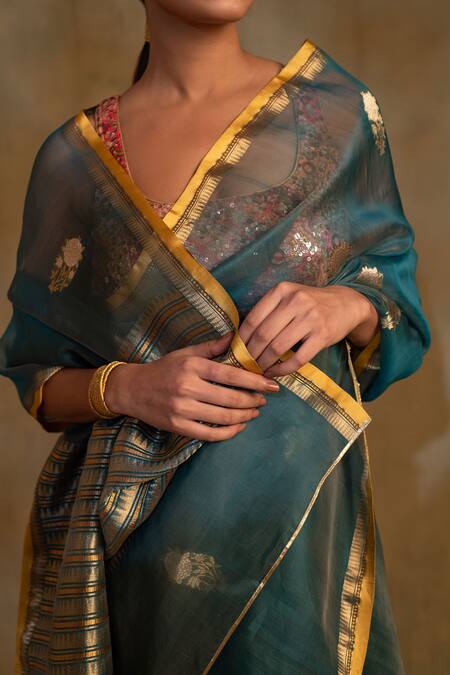 Priyanka Raajiv_Blue Organza, Ugadi Paisley Buti Saree With Unstitched Blouse Piece _at_Aza_Fashions