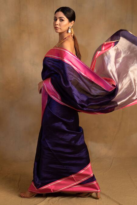 Priyanka Raajiv_Blue Silk, Chanderi Vishu Mashru Border Saree With Unstitched Blouse Piece_Online_at_Aza_Fashions