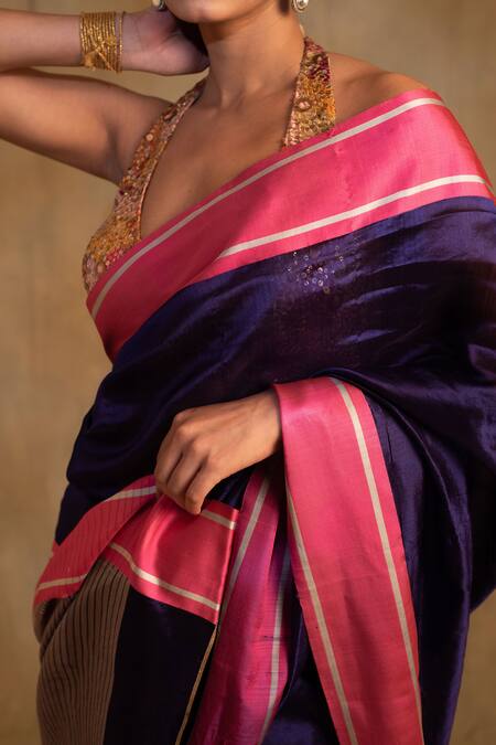 Shop_Priyanka Raajiv_Blue Silk, Chanderi Vishu Mashru Border Saree With Unstitched Blouse Piece_Online_at_Aza_Fashions