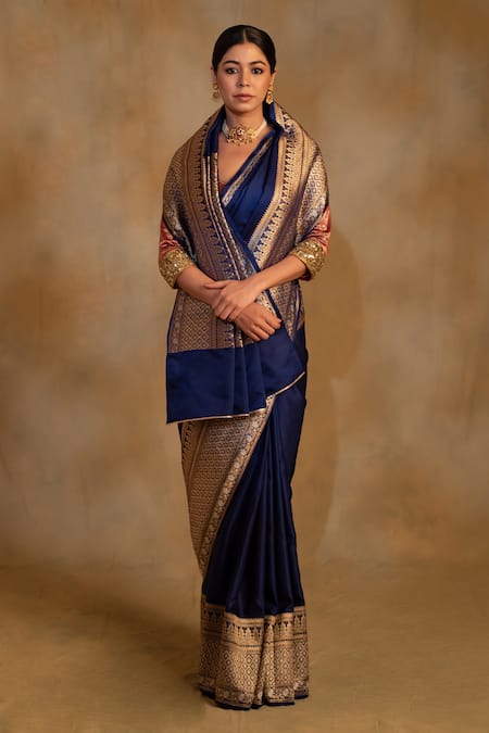 Priyanka Raajiv Blue Gangaur Floral Pattern Banarasi Saree With Unstitched Blouse 