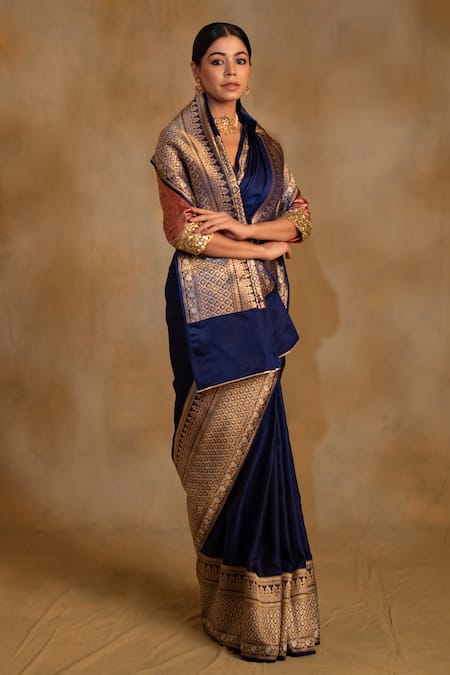 Priyanka Raajiv_Blue Silk, Cotton Gangaur Floral Pattern Banarasi Saree With Unstitched Blouse _Online_at_Aza_Fashions