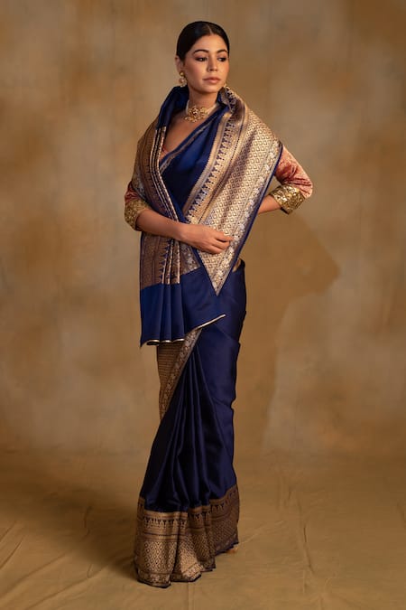 Buy_Priyanka Raajiv_Blue Silk, Cotton Gangaur Floral Pattern Banarasi Saree With Unstitched Blouse _Online_at_Aza_Fashions