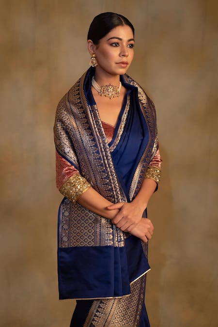 Shop_Priyanka Raajiv_Blue Silk, Cotton Gangaur Floral Pattern Banarasi Saree With Unstitched Blouse _Online_at_Aza_Fashions