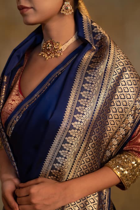 Priyanka Raajiv_Blue Silk, Cotton Gangaur Floral Pattern Banarasi Saree With Unstitched Blouse _at_Aza_Fashions