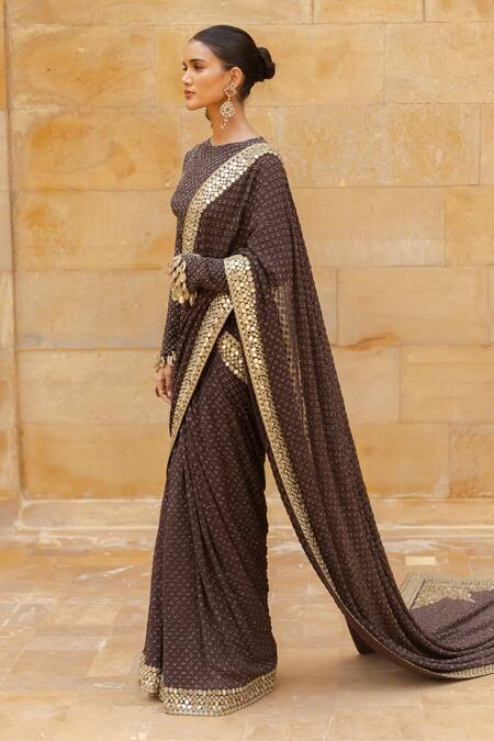 Arpita Mehta_Brown Georgette Beads, Mirrors, Cut Embroidered Pre-draped Saree And Blouse Set_Online_at_Aza_Fashions