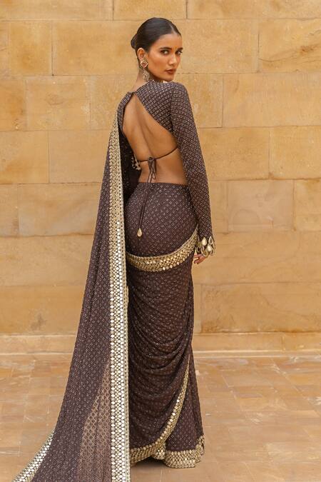Shop_Arpita Mehta_Brown Georgette Beads, Mirrors, Cut Embroidered Pre-draped Saree And Blouse Set_at_Aza_Fashions