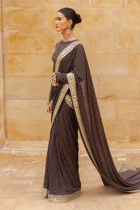 Arpita Mehta_Brown Georgette Sequins, Beads, Embroidered Pre-draped Saree Set With Trail_Online_at_Aza_Fashions
