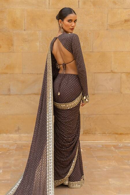 Shop_Arpita Mehta_Brown Georgette Sequins, Beads, Embroidered Pre-draped Saree Set With Trail_at_Aza_Fashions