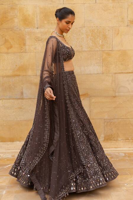 Shop_Arpita Mehta_Brown Net, Organza Mirrors, Beads, Embroidery, Floral Jaal Bridal Lehenga Set_Online_at_Aza_Fashions