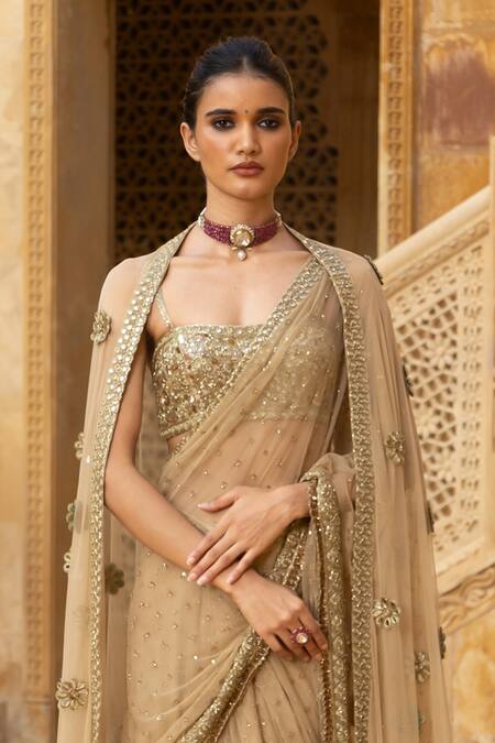 Arpita Mehta_Beige Net Beads, Mirrors, Sequins Sweetheart Work Pre-draped Saree And Blouse Set_Online_at_Aza_Fashions