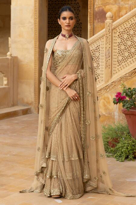 Arpita Mehta Beige Net Beads, Mirrors, Sequins Sweetheart Work Pre-draped Saree And Blouse Set