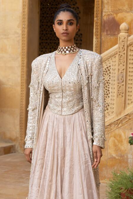 Arpita Mehta_Silver Tissue, Georgette Beads, Sequins Mirror Embroidered Jacket Skirt Set_Online_at_Aza_Fashions