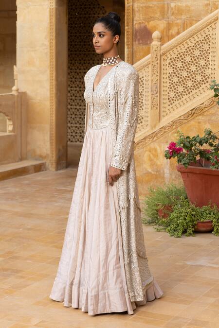 Buy_Arpita Mehta_Silver Tissue, Georgette Beads, Sequins Mirror Embroidered Jacket Skirt Set_Online_at_Aza_Fashions