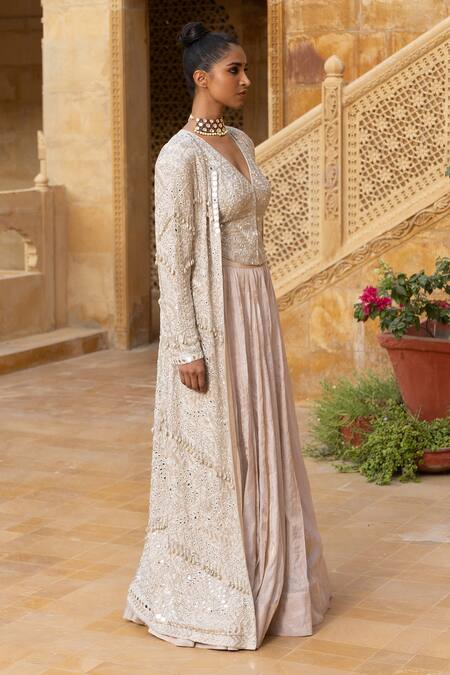 Shop_Arpita Mehta_Silver Tissue, Georgette Beads, Sequins Mirror Embroidered Jacket Skirt Set_Online_at_Aza_Fashions