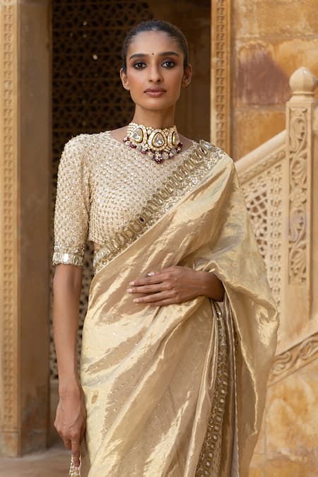 Arpita Mehta Gold Georgette Beads, Sequins, Mirrors Embroidered Pre-draped Saree And Blouse Set Online at Aza Fashions Arpita Mehta_Gold Georgette Beads, Sequins, Mirrors Embroidered Pre-draped Saree And Blouse Set_Online_at_Aza_Fashions
