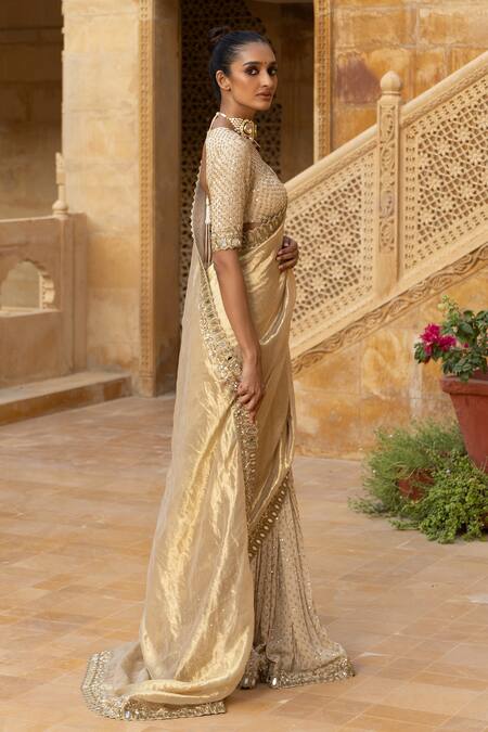 Shop Arpita Mehta Gold Georgette Beads, Sequins, Mirrors Embroidered Pre-draped Saree And Blouse Set Online at Aza Fashions Shop_Arpita Mehta_Gold Georgette Beads, Sequins, Mirrors Embroidered Pre-draped Saree And Blouse Set_Online_at_Aza_Fashions