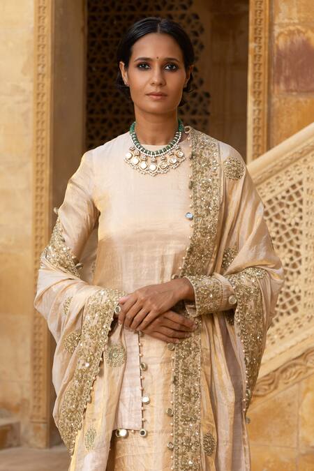Arpita Mehta_Gold Tissue, Silk Embroidery, Mirrors, Beads, Sequins Round Placement Kurta Set_Online_at_Aza_Fashions