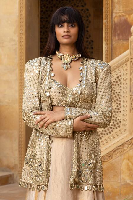Arpita Mehta_Gold Georgette, Tissue Beads, Sequins, Gota Patti, Mirrors Work Jacket Skirt Set_Online_at_Aza_Fashions