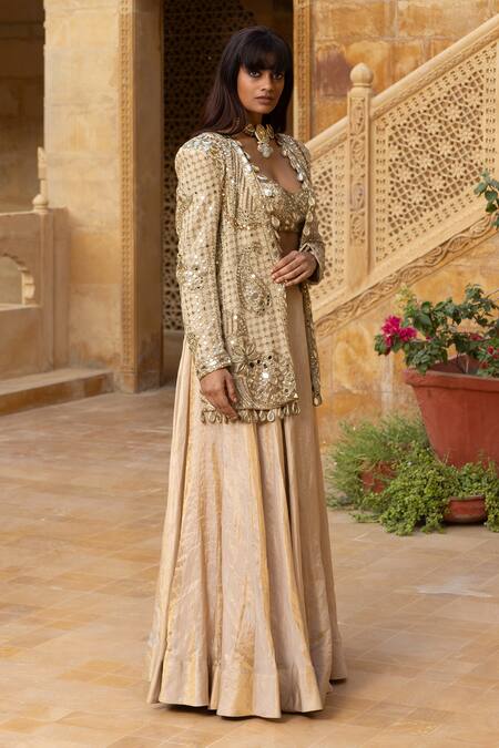 Buy_Arpita Mehta_Gold Georgette, Tissue Beads, Sequins, Gota Patti, Mirrors Work Jacket Skirt Set_Online_at_Aza_Fashions