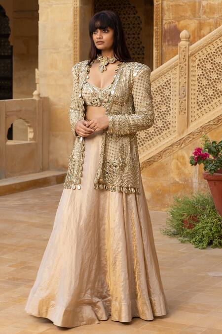 Shop_Arpita Mehta_Gold Georgette, Tissue Beads, Sequins, Gota Patti, Mirrors Work Jacket Skirt Set_Online_at_Aza_Fashions