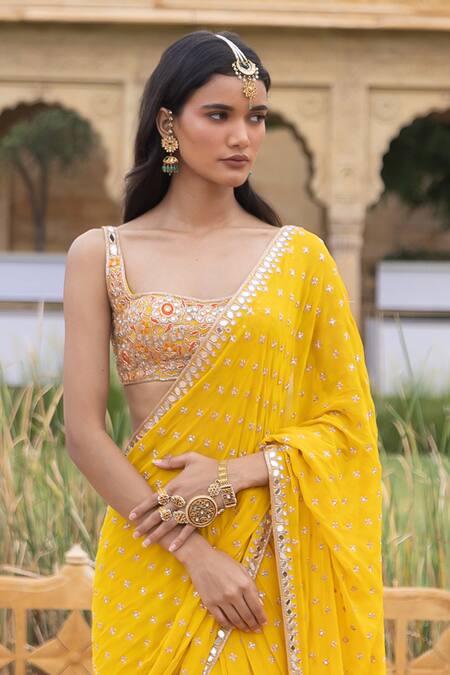 Arpita Mehta_Yellow Georgette Embroidery, Beads, Cut Dana Work Pre-draped Saree And Blouse Set_Online_at_Aza_Fashions