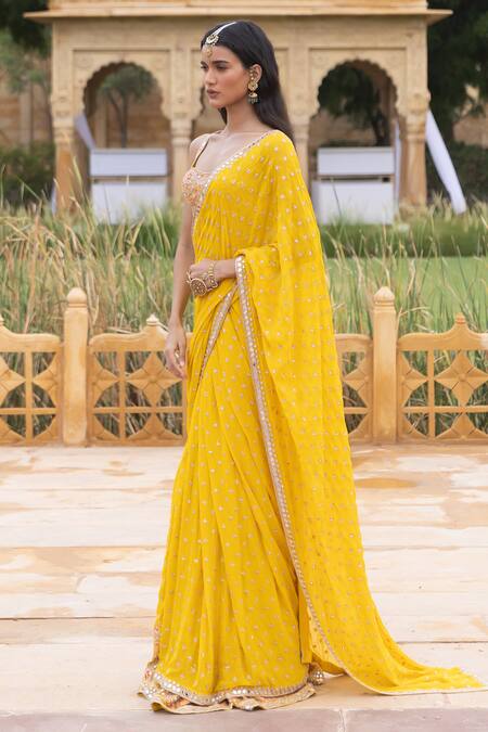 Buy_Arpita Mehta_Yellow Georgette Embroidery, Beads, Cut Dana Work Pre-draped Saree And Blouse Set_Online_at_Aza_Fashions