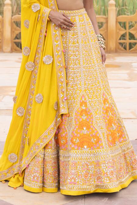 Buy_Arpita Mehta_Yellow Organza, Net, Georgette Floral Jaal Thread Embroidered Bridal Lehenga Set_Online_at_Aza_Fashions