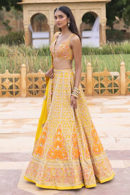 Shop_Arpita Mehta_Yellow Organza, Net, Georgette Floral Jaal Thread Embroidered Bridal Lehenga Set_Online_at_Aza_Fashions