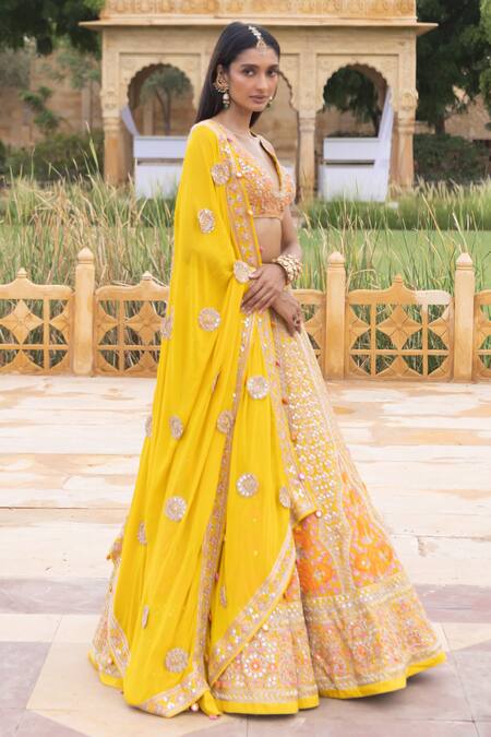 Arpita Mehta_Yellow Organza, Net, Georgette Floral Jaal Thread Embroidered Bridal Lehenga Set_at_Aza_Fashions