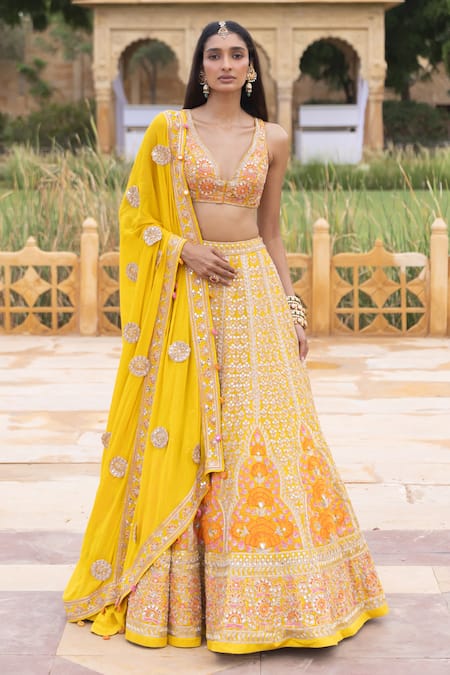 Sunshine Yellow Lehenga Set with All-Over Gold and Silver Patchwork  Embroidery - Seasons India