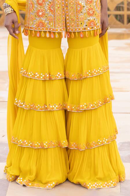 Buy_Arpita Mehta_Yellow Georgette Tassels, Sequins, Cut Thread Embroidered Jacket Sharara Set_Online_at_Aza_Fashions