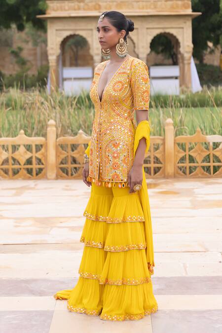Shop_Arpita Mehta_Yellow Georgette Tassels, Sequins, Cut Thread Embroidered Jacket Sharara Set_Online_at_Aza_Fashions