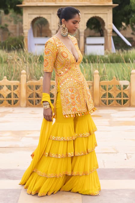 Arpita Mehta_Yellow Georgette Tassels, Sequins, Cut Thread Embroidered Jacket Sharara Set_at_Aza_Fashions