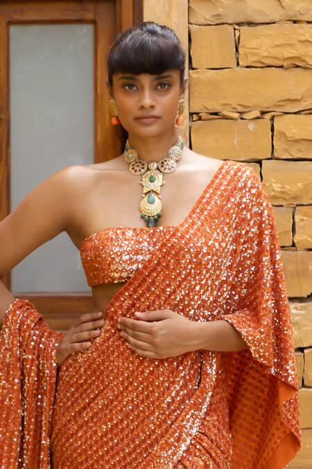 Arpita Mehta Orange Georgette Sequins, Mirrors, Cut Embroidered Pre-draped Saree And Blouse Set Online at Aza Fashions Arpita Mehta_Orange Georgette Sequins, Mirrors, Cut Embroidered Pre-draped Saree And Blouse Set_Online_at_Aza_Fashions