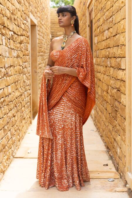 Shop Arpita Mehta Orange Georgette Sequins, Mirrors, Cut Embroidered Pre-draped Saree And Blouse Set Online at Aza Fashions Shop_Arpita Mehta_Orange Georgette Sequins, Mirrors, Cut Embroidered Pre-draped Saree And Blouse Set_Online_at_Aza_Fashions