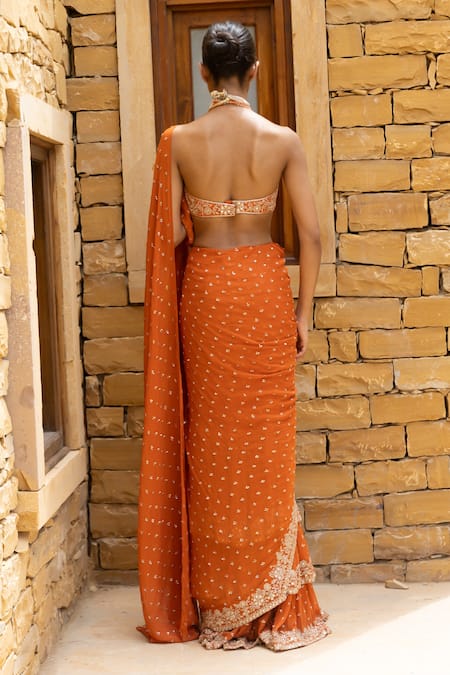 Shop Arpita Mehta Orange Georgette Embroidery, Sequins, Floral Pre-draped Saree And Blouse Set at Aza Fashions Shop_Arpita Mehta_Orange Georgette Embroidery, Sequins, Floral Pre-draped Saree And Blouse Set_at_Aza_Fashions