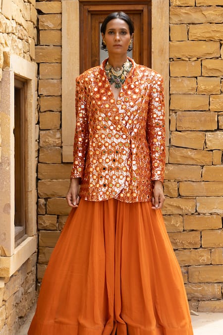 Arpita Mehta_Orange Georgette Mirrors, Sequins Collared Embroidered Jacket And Sharara Set_Online_at_Aza_Fashions