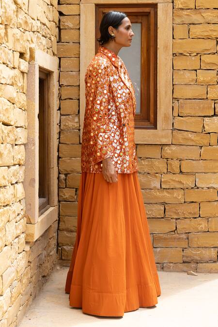 Buy_Arpita Mehta_Orange Georgette Mirrors, Sequins Collared Embroidered Jacket And Sharara Set_Online_at_Aza_Fashions