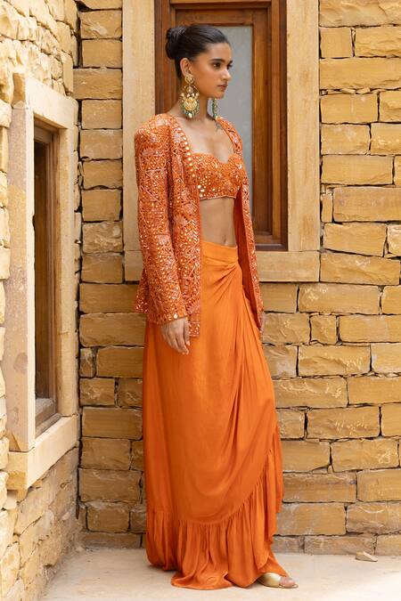 Buy Arpita Mehta Orange Net, Crepe Mirrors, Sequins Open Neck, Work Jacket Draped Skirt Set Online at Aza Fashions Buy_Arpita Mehta_Orange Net, Crepe Mirrors, Sequins Open Neck, Work Jacket Draped Skirt Set_Online_at_Aza_Fashions