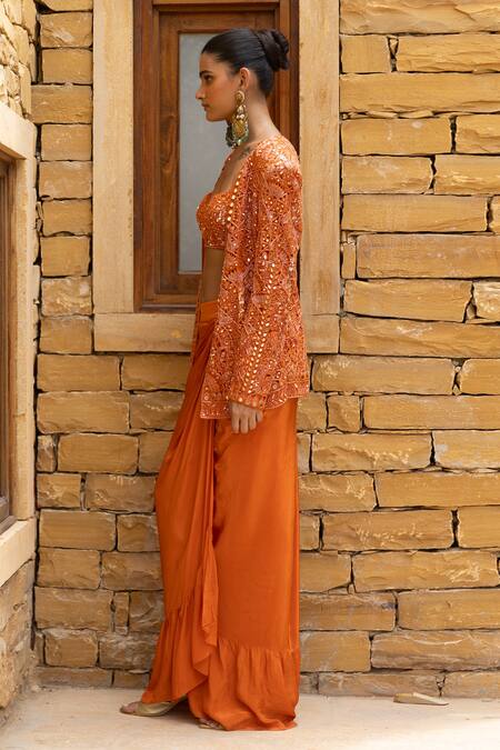 Shop Arpita Mehta Orange Net, Crepe Mirrors, Sequins Open Neck, Work Jacket Draped Skirt Set Online at Aza Fashions Shop_Arpita Mehta_Orange Net, Crepe Mirrors, Sequins Open Neck, Work Jacket Draped Skirt Set_Online_at_Aza_Fashions