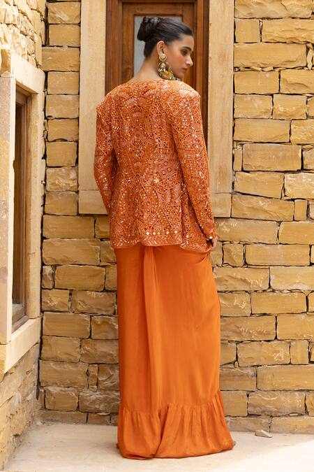 Shop Arpita Mehta Orange Net, Crepe Mirrors, Sequins Open Neck, Work Jacket Draped Skirt Set at Aza Fashions Shop_Arpita Mehta_Orange Net, Crepe Mirrors, Sequins Open Neck, Work Jacket Draped Skirt Set_at_Aza_Fashions