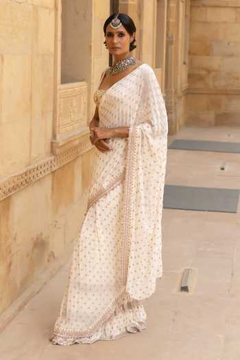 Buy Arpita Mehta Ivory Georgette Mirrors, Beads, Sequins Embroidered Pre-draped Saree With Blouse Online at Aza Fashions Buy_Arpita Mehta_Ivory Georgette Mirrors, Beads, Sequins Embroidered Pre-draped Saree With Blouse _Online_at_Aza_Fashions