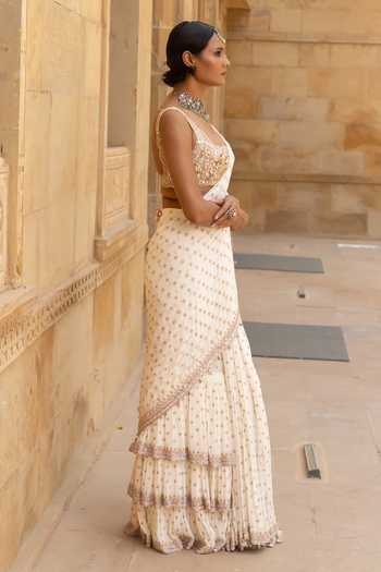 Shop Arpita Mehta Ivory Georgette Mirrors, Beads, Sequins Embroidered Pre-draped Saree With Blouse Online at Aza Fashions Shop_Arpita Mehta_Ivory Georgette Mirrors, Beads, Sequins Embroidered Pre-draped Saree With Blouse _Online_at_Aza_Fashions