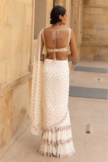 Shop Arpita Mehta Ivory Georgette Mirrors, Beads, Sequins Embroidered Pre-draped Saree With Blouse at Aza Fashions Shop_Arpita Mehta_Ivory Georgette Mirrors, Beads, Sequins Embroidered Pre-draped Saree With Blouse _at_Aza_Fashions