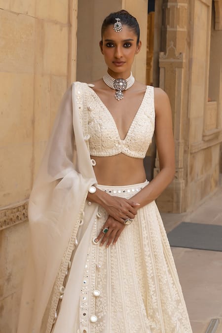 Arpita Mehta_Ivory Net, Organza Mirrors, Cut Floral Thread Embroidered Bridal Lehenga Set_Online_at_Aza_Fashions