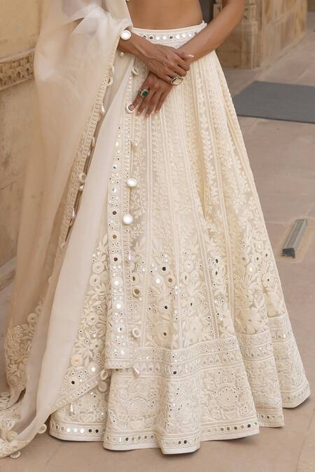 Buy_Arpita Mehta_Ivory Net, Organza Mirrors, Cut Floral Thread Embroidered Bridal Lehenga Set_Online_at_Aza_Fashions