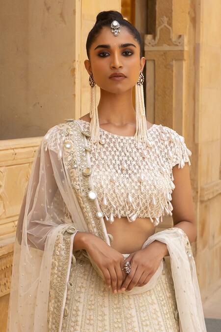 Arpita Mehta_Ivory Net, Organza Embroidery, Pearls, Mirrors Floral Thread And Lehenga Set_Online_at_Aza_Fashions