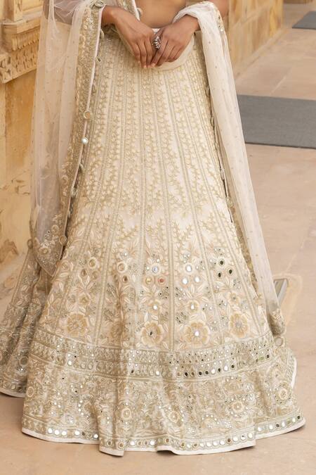 Buy_Arpita Mehta_Ivory Net, Organza Embroidery, Pearls, Mirrors Floral Thread And Lehenga Set_Online_at_Aza_Fashions