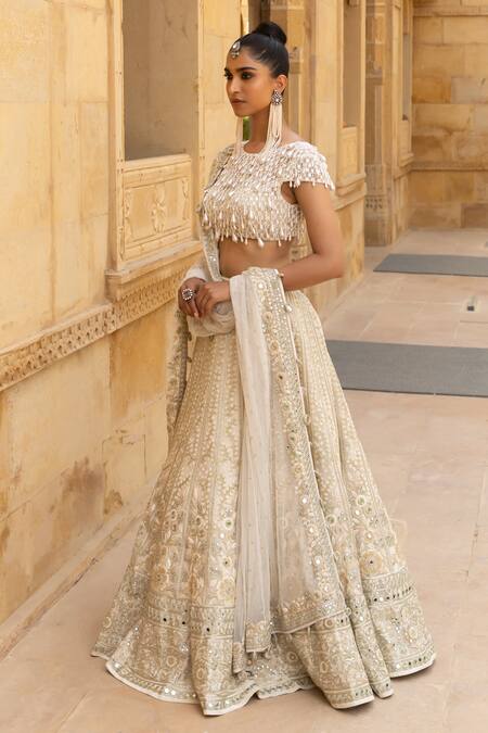 Shop_Arpita Mehta_Ivory Net, Organza Embroidery, Pearls, Mirrors Floral Thread And Lehenga Set_Online_at_Aza_Fashions