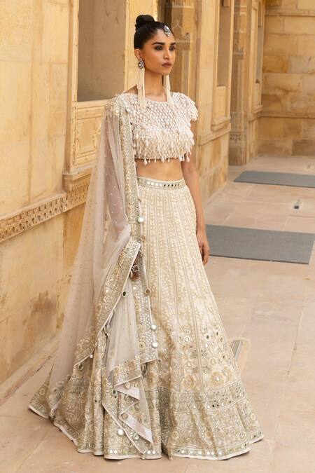 Arpita Mehta_Ivory Net, Organza Embroidery, Pearls, Mirrors Floral Thread And Lehenga Set_at_Aza_Fashions